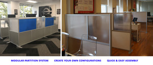 Modular Room Partition System to divide offices, desks, healthcare facilities, to divide rooms. Room dividers for offices, office cubicles, partition walls, home, home office room partitions, desk dividers, privacy screen panels, space dividers and more.