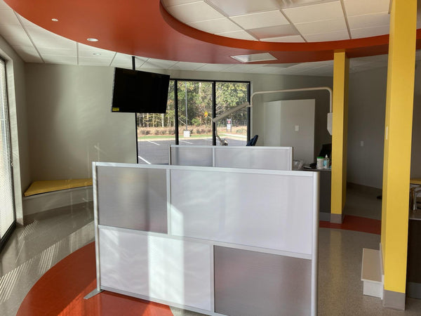 Freestanding room partition to divide medical and office spaces and as a patient privacy screen divider. A modular Medical Partition System for use in Hospitals & Healthcare Facilities, Orthodontics,  Orthodontist, Dental treatment rooms, doctor exam room privacy screen divider and portable room divider partition wall.