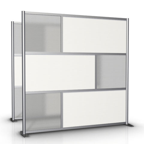 The 75” wide by 75” tall Office Partition features white and translucent panels. It’s a modular room partition system that can divide offices, desks, healthcare facilities, and rooms. These room dividers are ideal for offices, office cubicles, and partition walls.