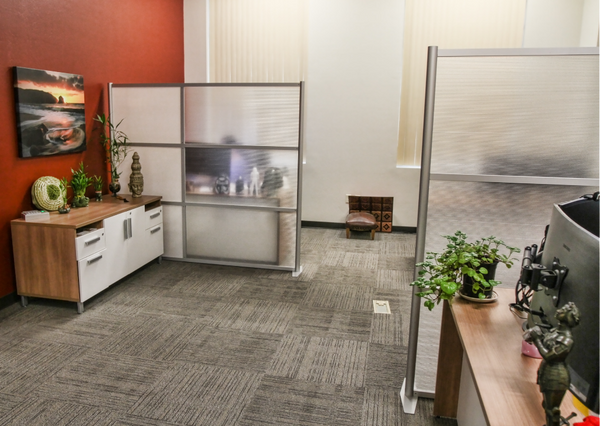 84" wide by 75" tall modern office partition and room divider with white & translucent panels